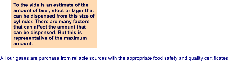 To the side is an estimate of the amount of beer, stout or lager that can be dispensed from this size of cylinder. There are many factors  that can affect the amount that  can be dispensed. But this is  representative of the maximum amount. All our gases are purchase from reliable sources with the appropriate food safety and quality certificates